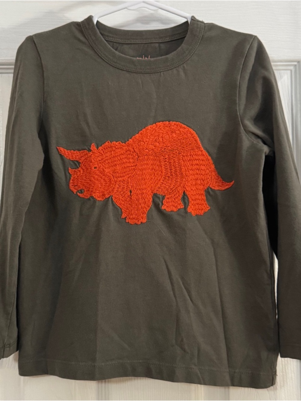 Mini Boden Baby Boy Brown Long Sleeve Tee with Bright Orange Dino Embroidery